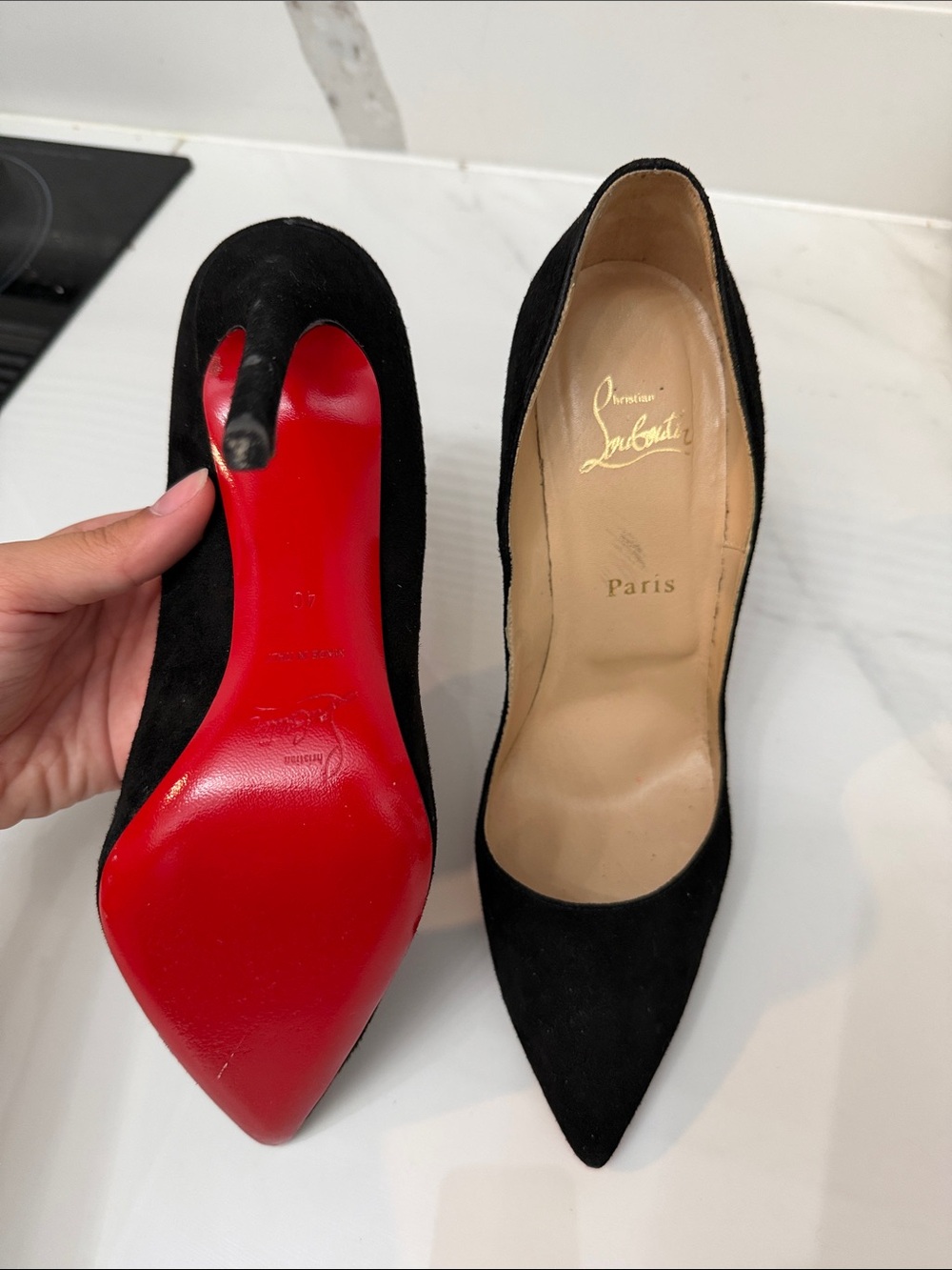 Christian Louboutin Black Suede Pointed Pumps with Red Sole